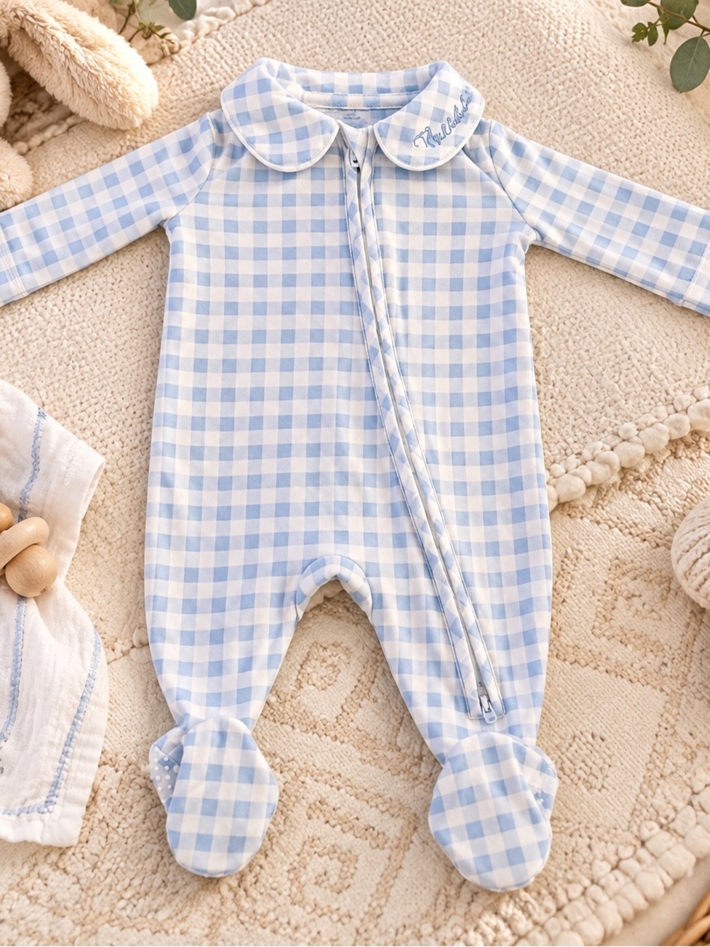 Classic Blue Gingham Footed One-Piece for NB, personalized Theodore